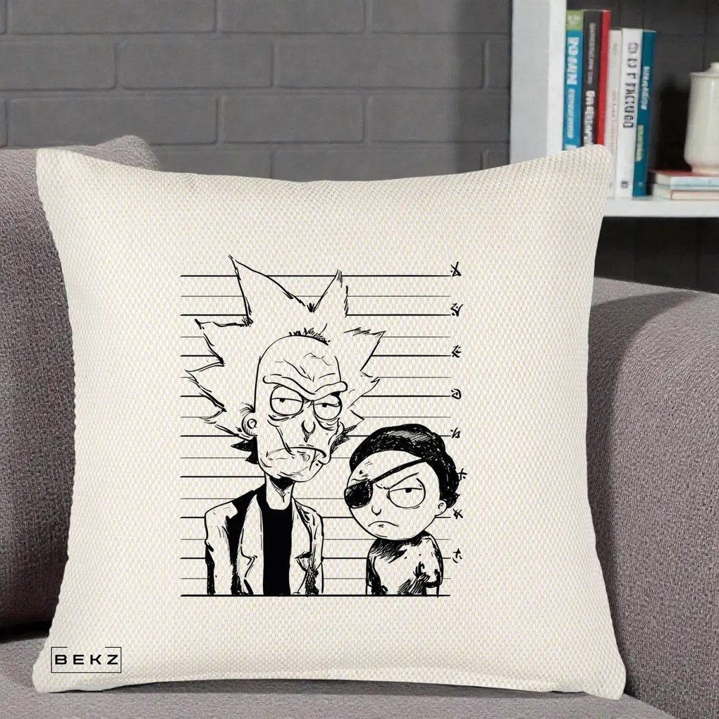 Perna Personalizata Rick si Morty Dosar, 40x40 cm, Crem Reliefat, Husa Detasabila, Perna Inclusa, BEKZ®