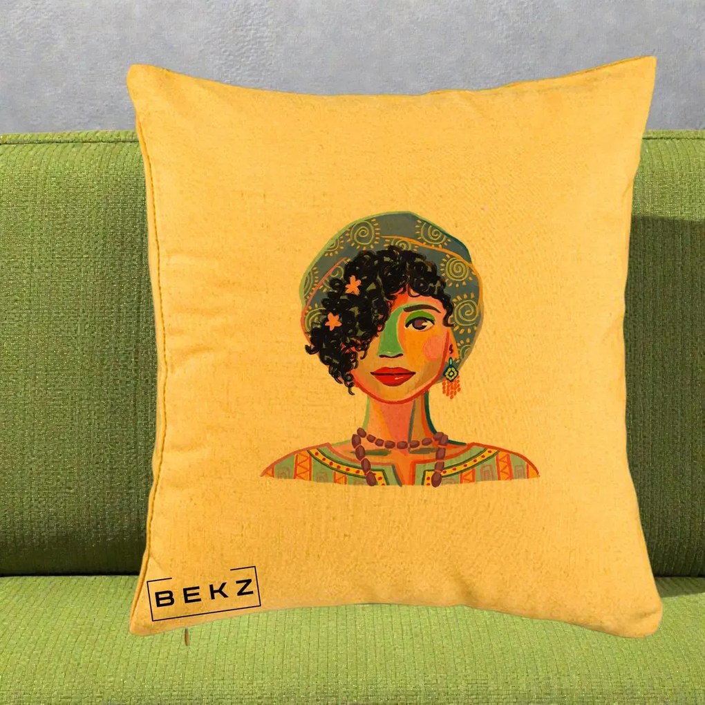 Perna Decorativa Portret Femeie Etnic Colorat, 40x40 cm, Galben, Husa Detasabila, Perna Inclusa, BEKZ®