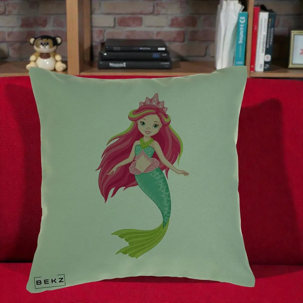 Perna Decorativa Sirena Roz cu Coroana, 40x40 cm, Verde, Husa Detasabila, Perna Inclusa, BEKZ®