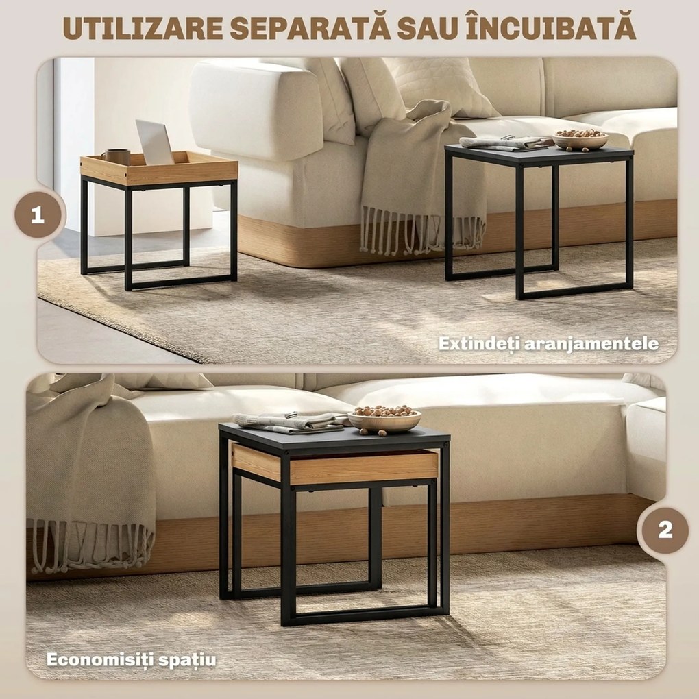 HOMCOM Set 2 Măsuțe de Cafea Moderne cu Picioare în Formă de U, Măsuțe de Sufragerie din Lemn și Oțel, 40x40x40 cm, Negru | Aosom Romania