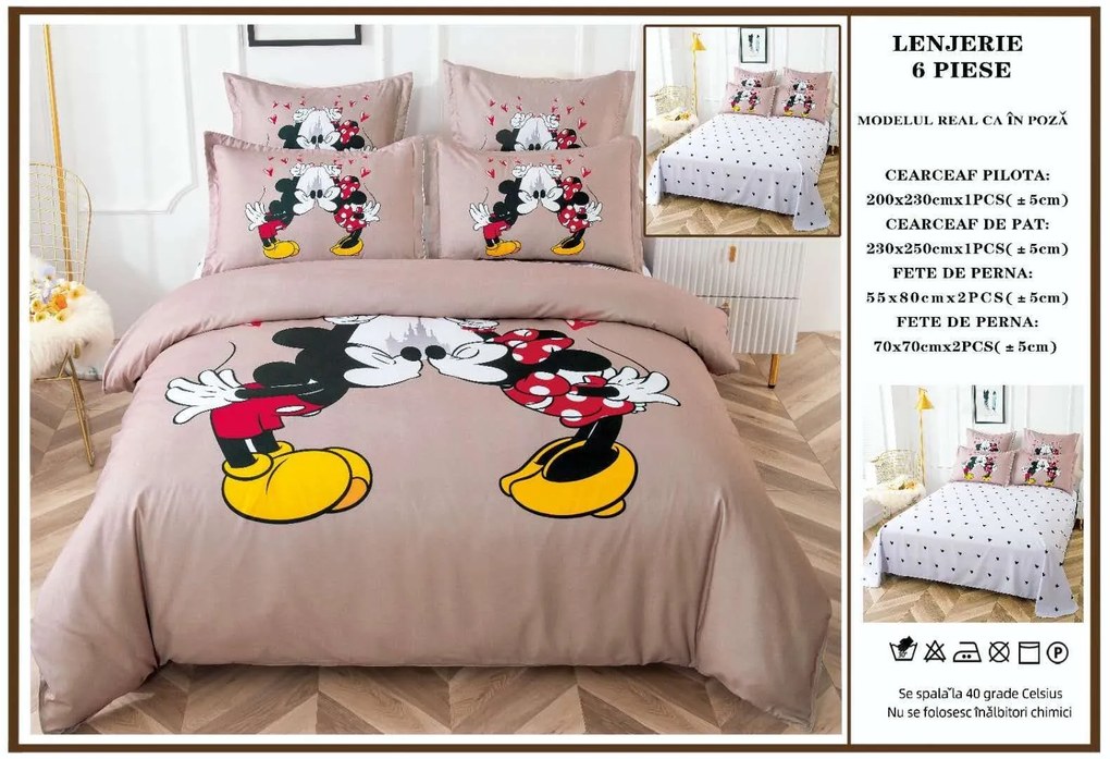 Lenjerie De Pat Finet Premium Pat Dublu - Minnie  Mickey Kiss Bej