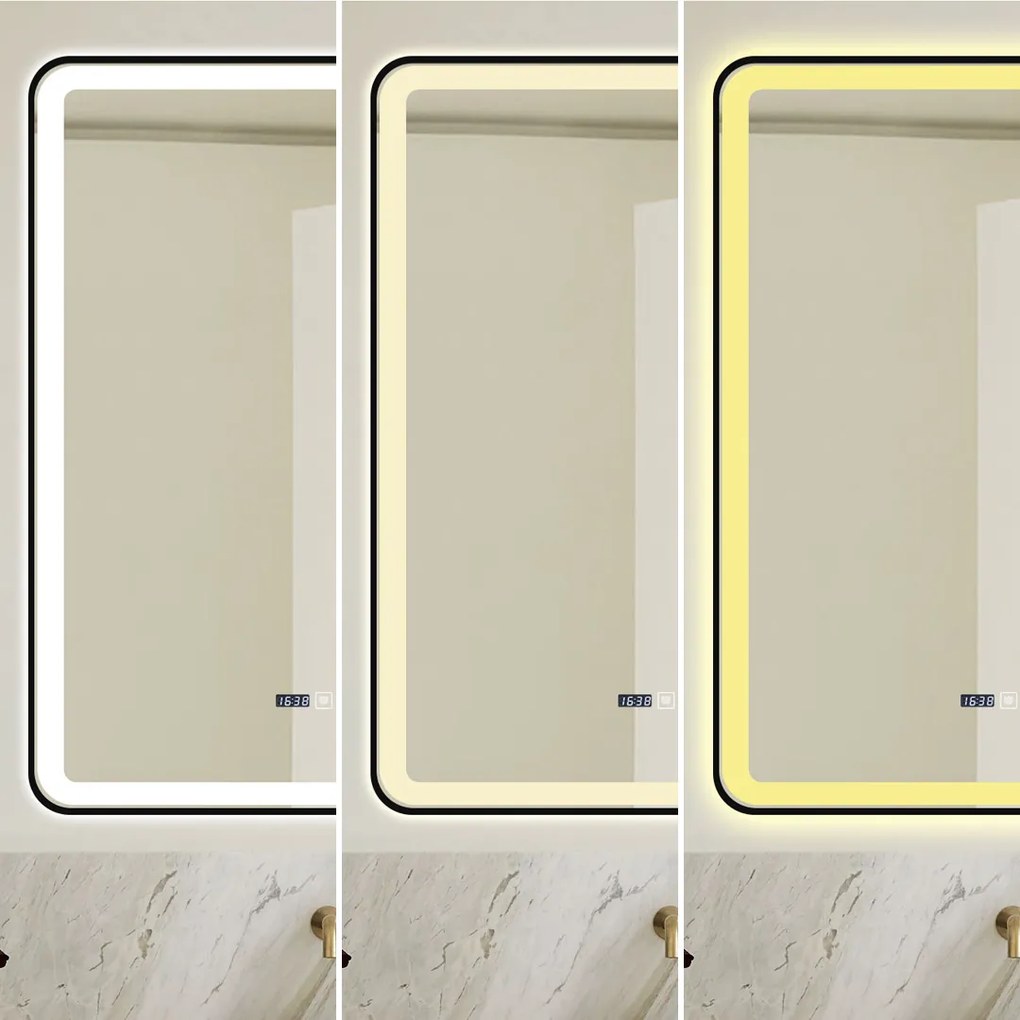 Oglindă Baie LED și Dezaburire Elit's Premium cu Senzor Touch, Lumina Rece, Caldă și Neutră, 70x90cm, cu rama Negru Antichizat, Ceas
