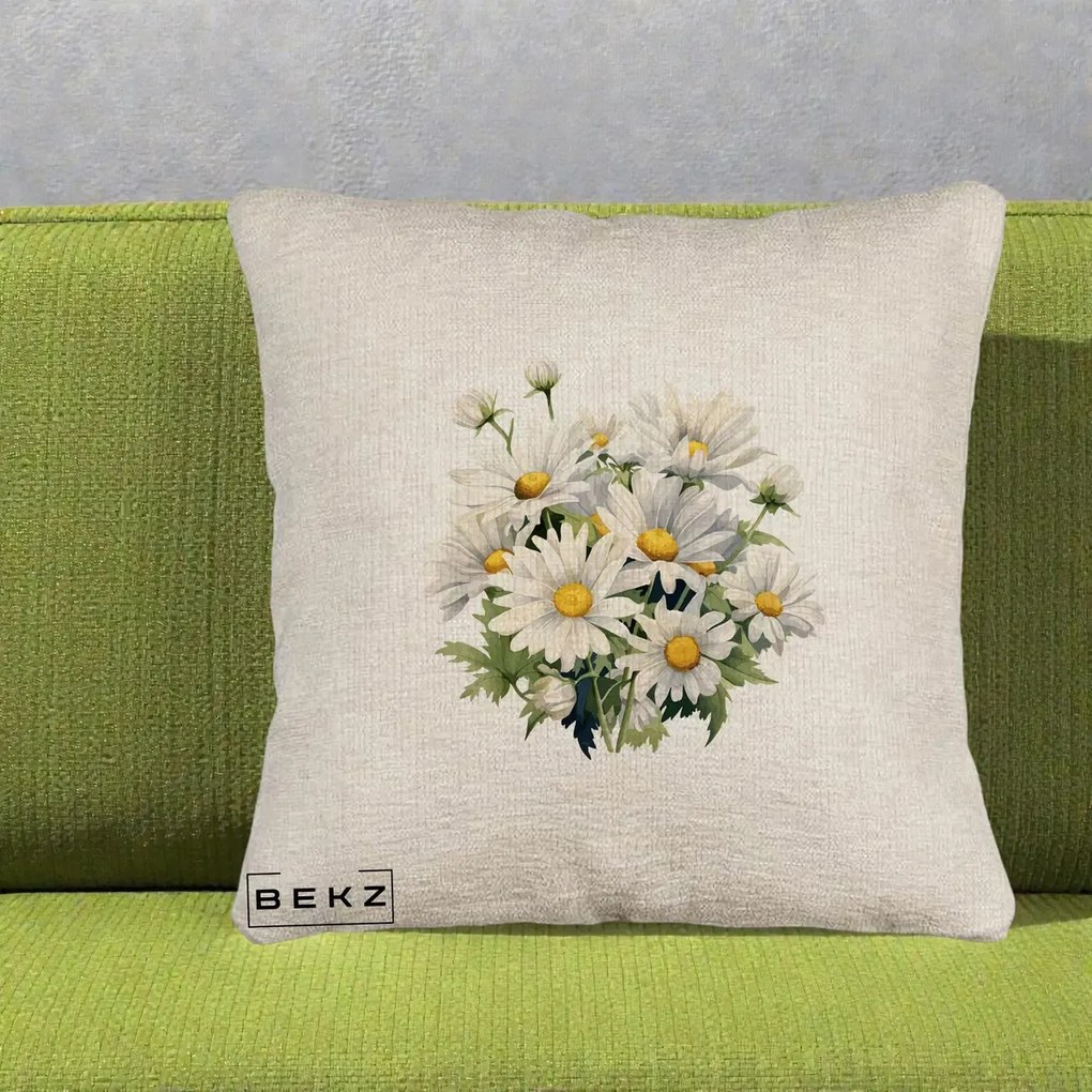 Perna Decorativa Buchet Margarete Albe Acuarela, 40x40 cm, Bej Canapea, Husa Detasabila, Perna Inclusa, BEKZ®