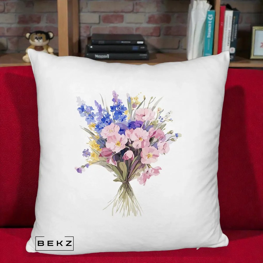 Perna Decorativa Buchet Floral Acuarela Primavara, 40x40 cm, Alb Pufos, Husa Detasabila, Perna Inclusa, BEKZ®