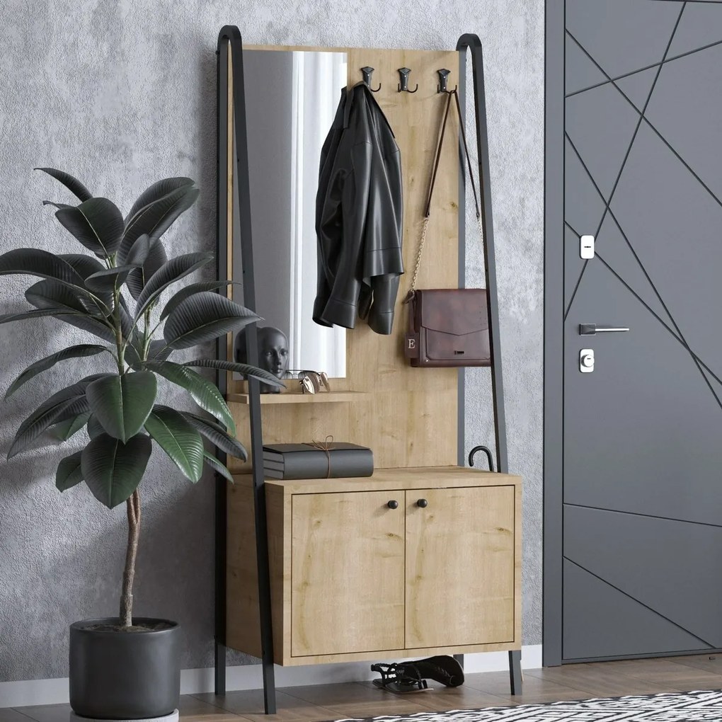 Cuier cu dulap de pantofi Lumi Oak and Black