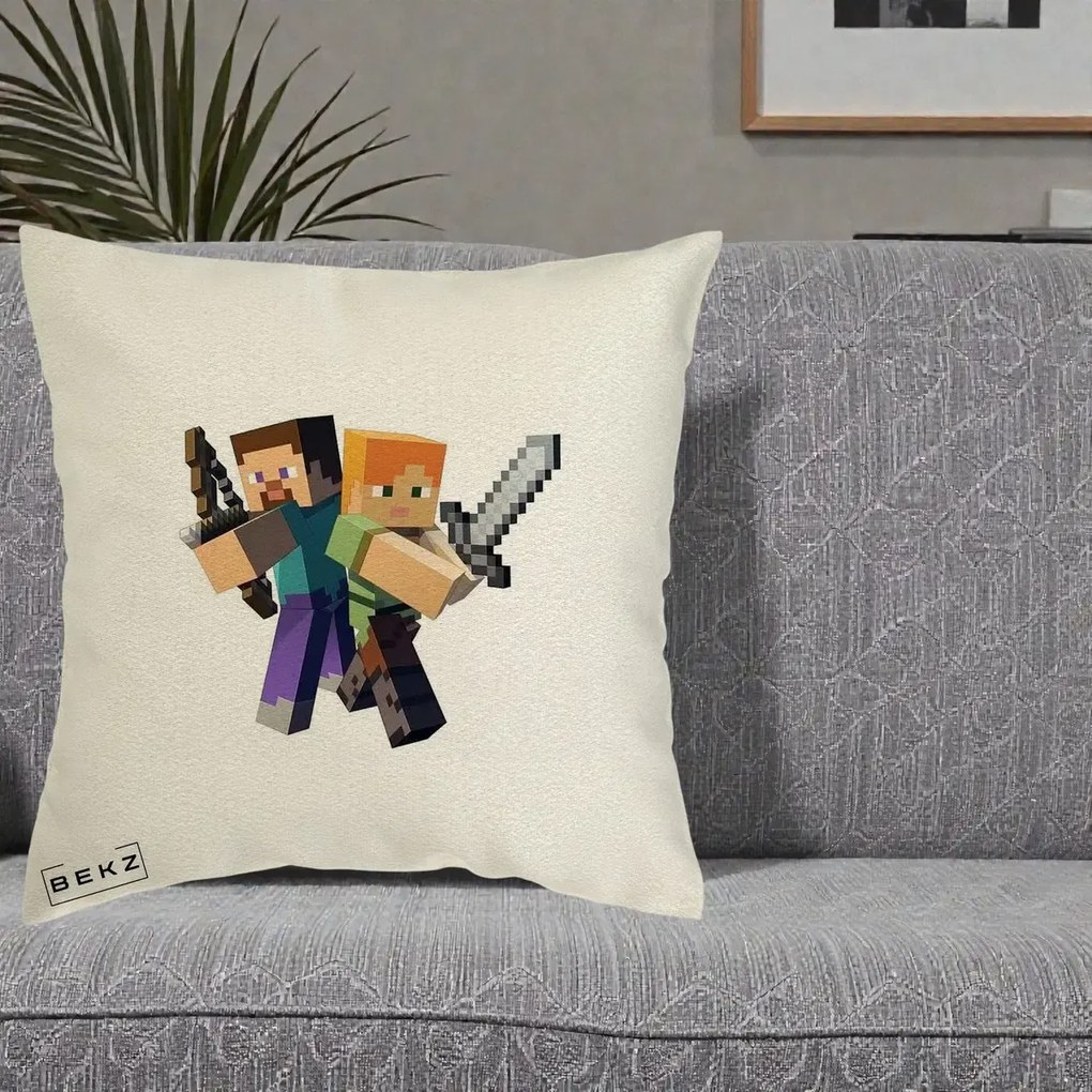 Perna Personalizata Minecraft Steve si Alex, 40x40 cm, Ecru, Husa Detasabila, Perna Inclusa, BEKZ®