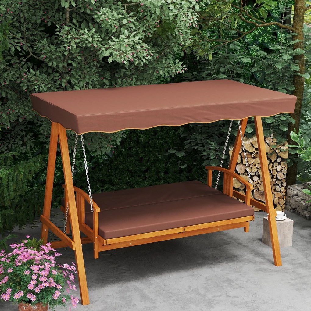 Outsunny Balansoar Hollywood cu copertină, balansoar de grădină din lemn masiv, bancă-leagăn cu funcție de șezlong, pentru 3 persoane, Maro | Aosom Romania