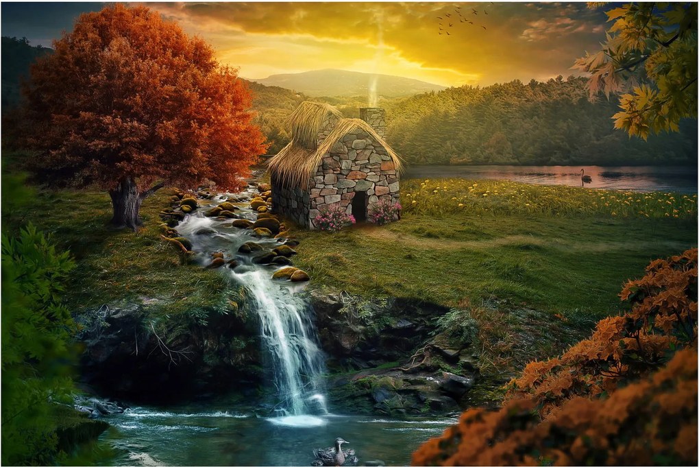 Tablou cu căbănuță în peisaj de poveste (90x60 cm)