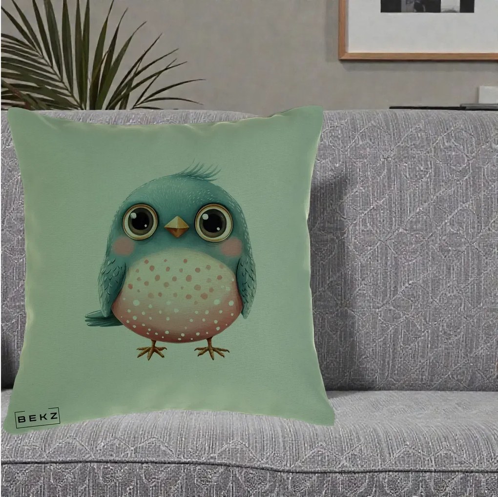 Perna Decorativa Pasare Teal-Roz cu Pete, 40x40 cm, Verde, Husa Detasabila, Perna Inclusa, BEKZ®