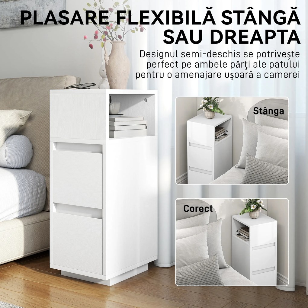 HOMCOM Set de 2 Noptiere Înalte și Subțiri pentru Dormitor cu 2 Sertare și Raft Deschis, Noptiere Moderne Economisitoare de Spațiu, Măsuțe pentru Divan, Sufragerie și Dormitor, 25x30x65 cm, Alb | Aosom Romania