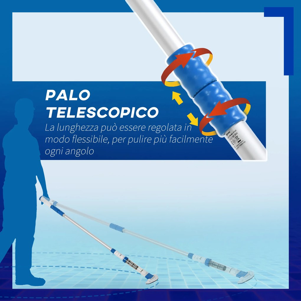 Outsunny Aspirator pentru Piscina Portabil Fara fir cu Stalp Telescopic si Cartus Filtru, 210x17x7cm, Alb si Albastru inchis