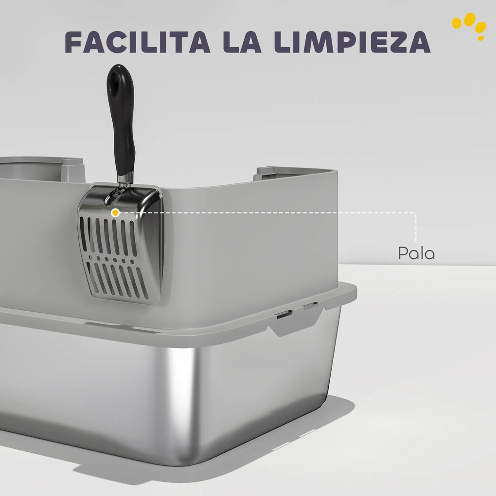 PawHut Cutie de Nisip pentru Pisici din Oțel Inoxidabil XL cu Bordo Înalt Lopată Ușor de Curățat Anti-Scurgeri 60x40x29,5 cm Gri | Aosom Romania