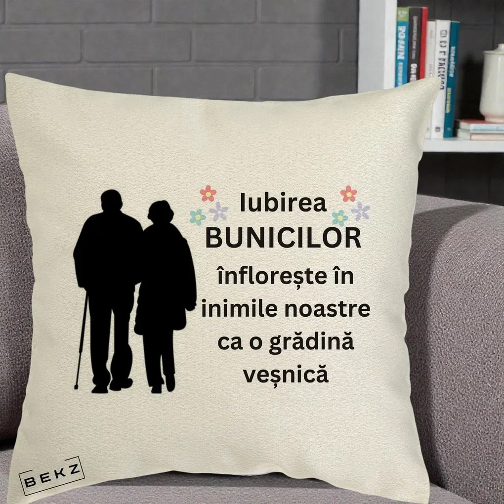 Cadou pentru Bunici - Perna Personalizata Bunicii Iubirea Infloreste Silueta Neagra Flori, 40x40 cm, Ecru, Husa Detasabila, Perna Inclusa, BEKZ®