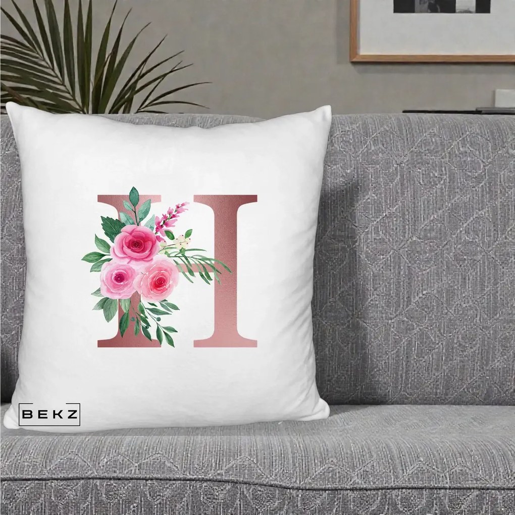 Cadou Personalizat - Perna Personalizata Monograma Rose Gold Litera H, 40x40 cm, Alb Pufos, Husa Detasabila, Perna Inclusa, BEKZ®