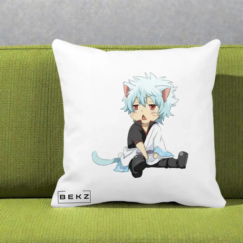 Perna Personalizata Gintama Gintoki Chibi Pisica, 40x40 cm, Alba Mata, Husa Detasabila, Perna Inclusa, BEKZ®