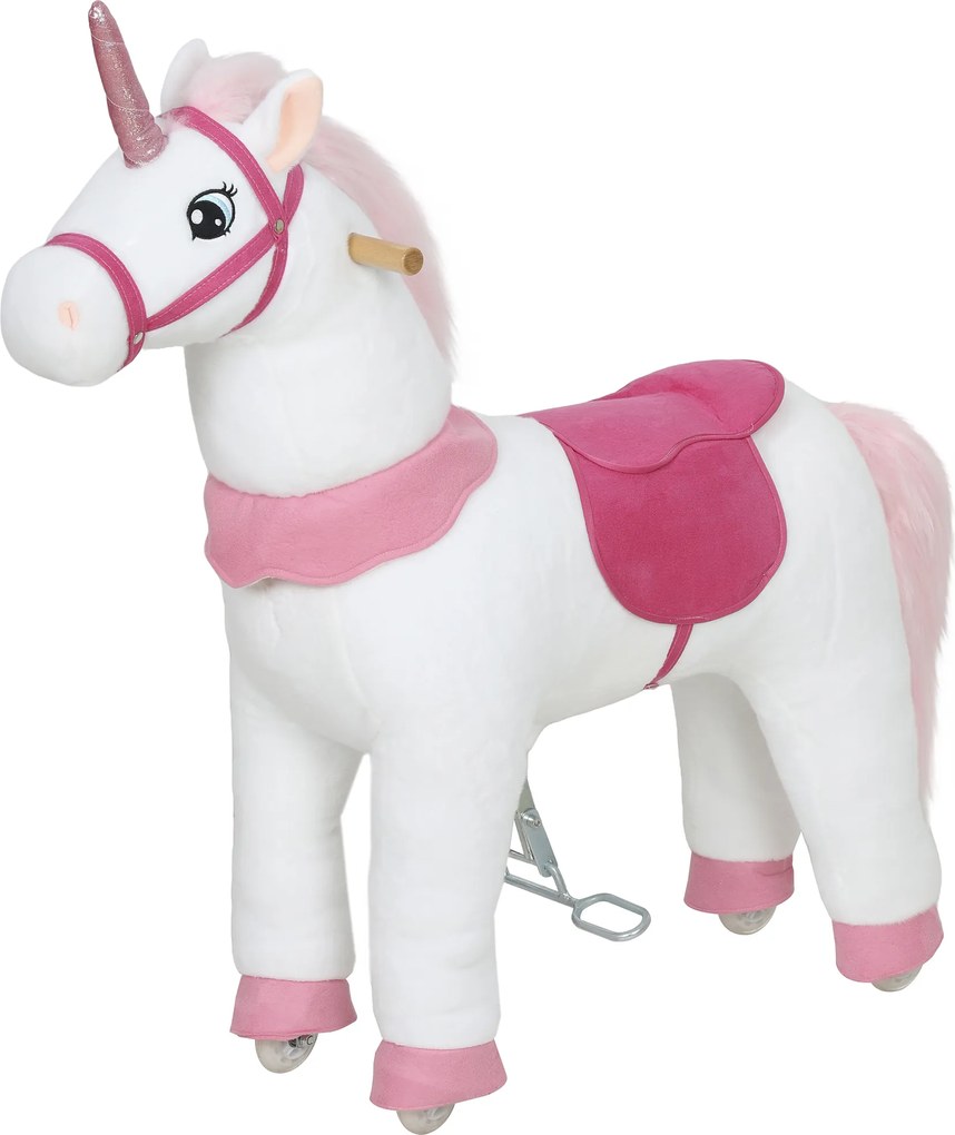 AIYAPLAY Căluț pentru copii, design unicorn, husa din material textil, cadru stabil, roți moi, cal de legănat, 3-5 ani, alb | Aosom Romania