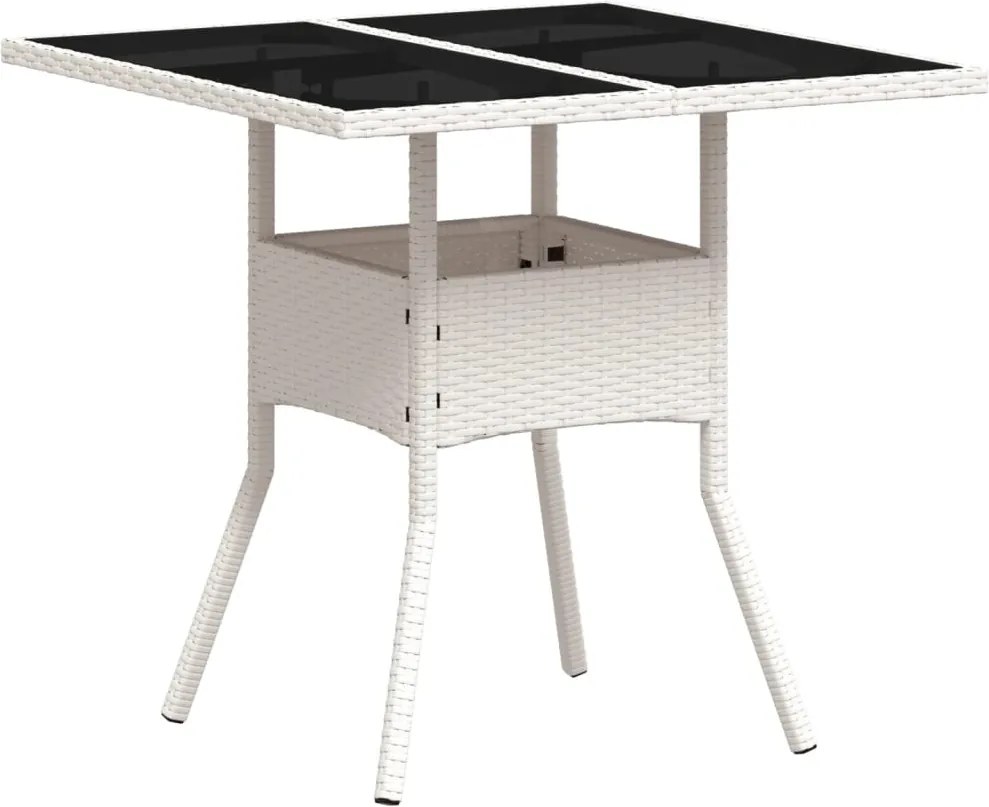 vidaXL Masă de grădină cu blat din sticlă, alb, 80x80x75 cm, poliratan