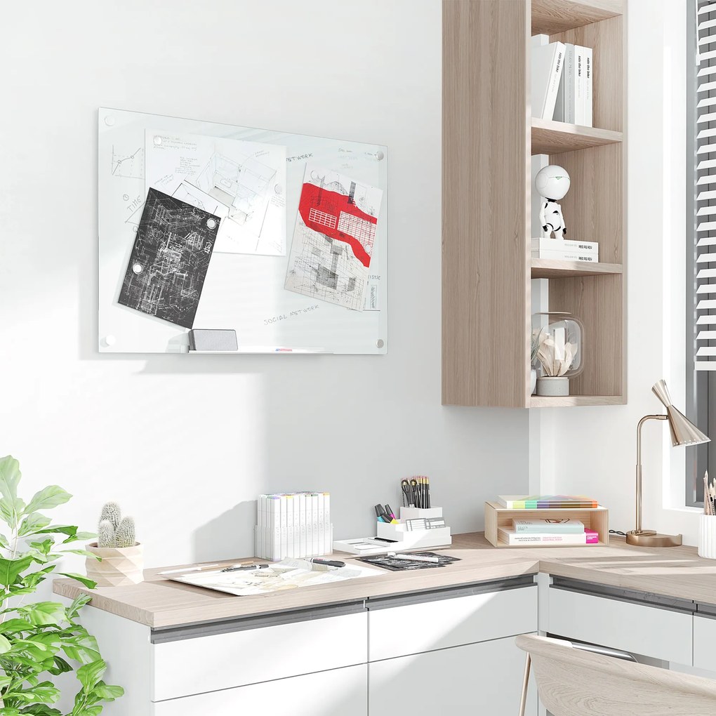 Vinsetto Tablou alb din sticlă cu tavă pentru perete fără rame, cu 4 markere și burete ștergător, 90 x 60 cm, alb | Aosom Romania