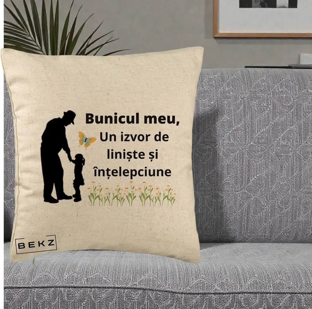 Cadou pentru Bunic - Perna Personalizata Bunicul Meu Izvor de Liniste cu Fluture si Fetita, 40x40 cm, Bej, Husa Detasabila, Perna Inclusa, BEKZ®