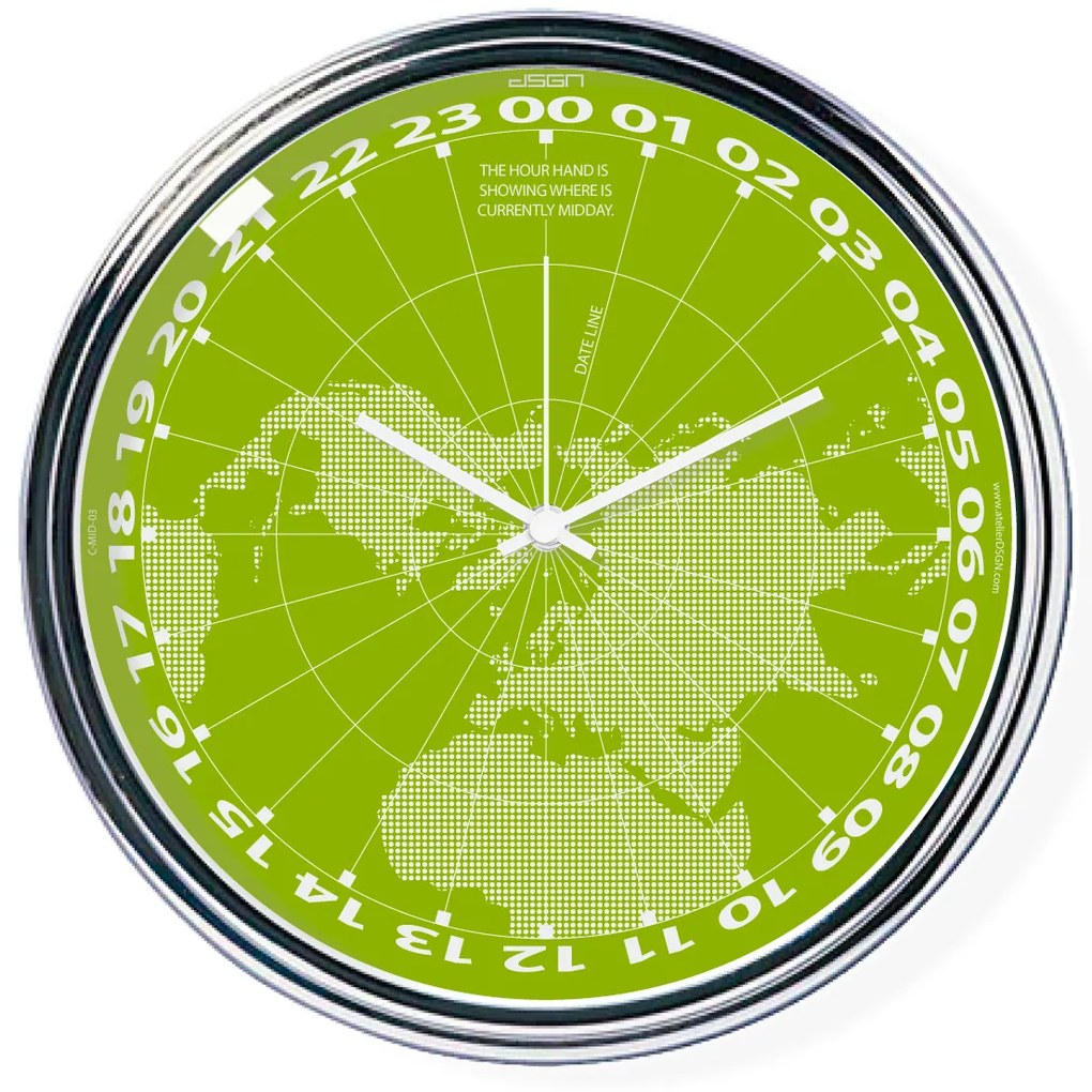 Ceas verde cu cadran de 24 de ore care arată poziția amiezii pe hartă (32 cm) | atelierDSGN