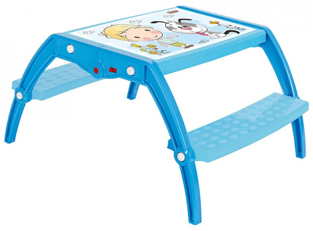 Masuta copii din plastic aditivat cu doua bancute Novokids™ Study Table, 95X78X49 cm, Suprafata lucioasa, Model Baietel cu Catelus, Albastru