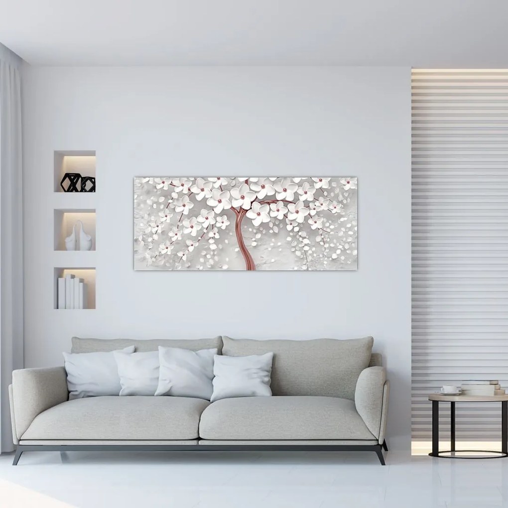 Tablou - Imaginea copacului alb cu flori albe, rosegold (120x50 cm)
