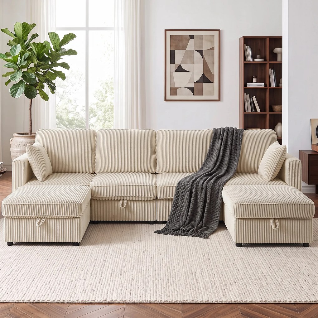 HOMCOM Canapea Modulară în U cu 4 Locuri, 2 Pufuri cu Depozitare, Catifea Reiată, 306x153x85 cm, Crem | Aosom Romania