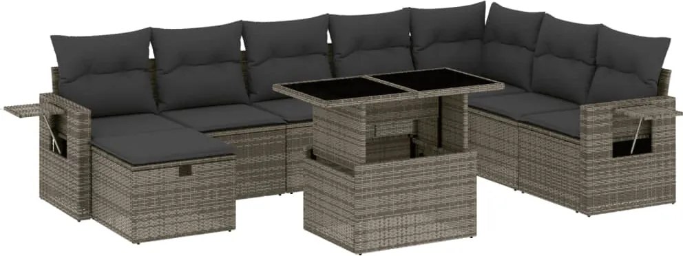 vidaXL Set canapele de grădină, 9 piese, cu perne, gri, poliratan