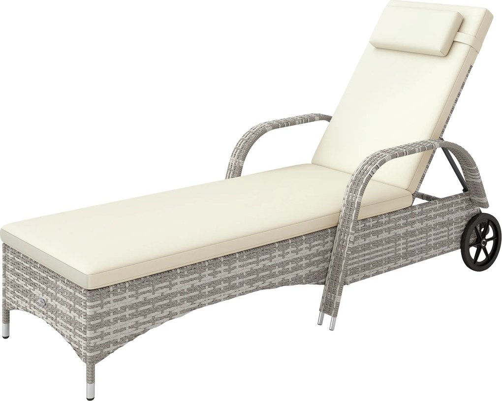 Outsunny Șezlong saltea înclinare reglabilă multi-poziții cotiere roți 200 x 73 x 30-103 cm gri deschis | Aosom Romania
