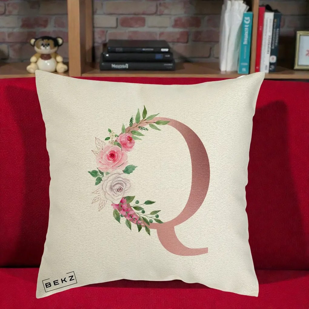 Cadou Personalizat - Perna Personalizata Monograma Rose Gold Litera Q, 40x40 cm, Ecru, Husa Detasabila, Perna Inclusa, BEKZ®