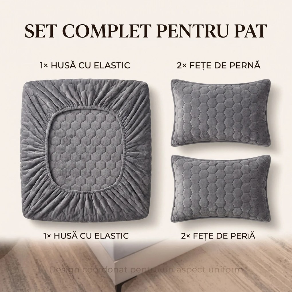 Set lenjerie de pat plusata, husa cu elastic si 2 fete de perna, Gri