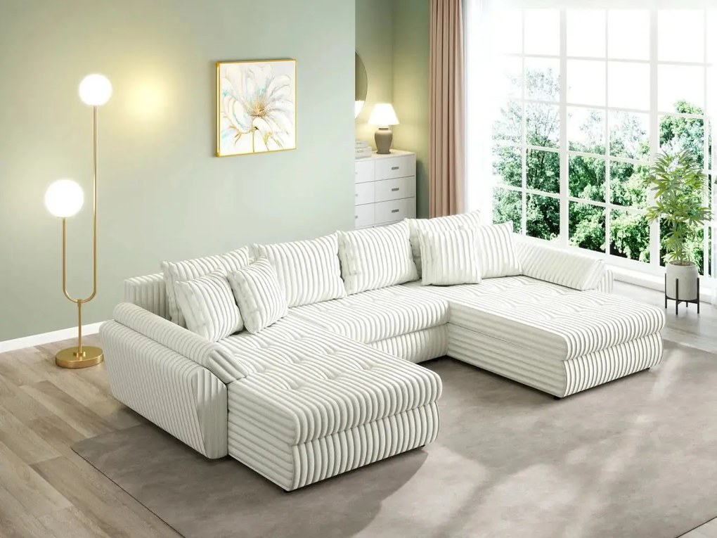 Colțar extensibil dumonde cu ladă de depozitare si sezut confortabil din spuma high-density, Loana U Ambience Ivory 355x185 cm