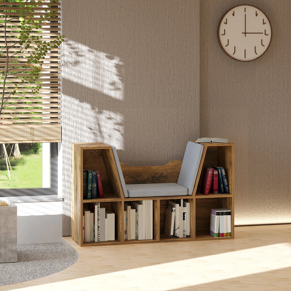 HOMCOM Bibliotecă-bancă 2 în 1 cu perne de șezut, etajeră cub cu 6 compartimente deschise, 102 x 30 x 61 cm, maro rustic | Aosom Romania