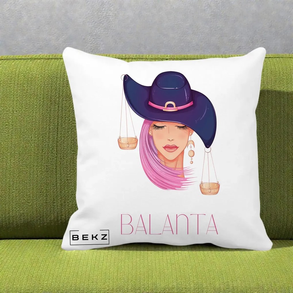Perna Personalizata Zodiac Balanta Cowgirl, 40x40 cm, Alba Mata, Husa Detasabila, Perna Inclusa, BEKZ®