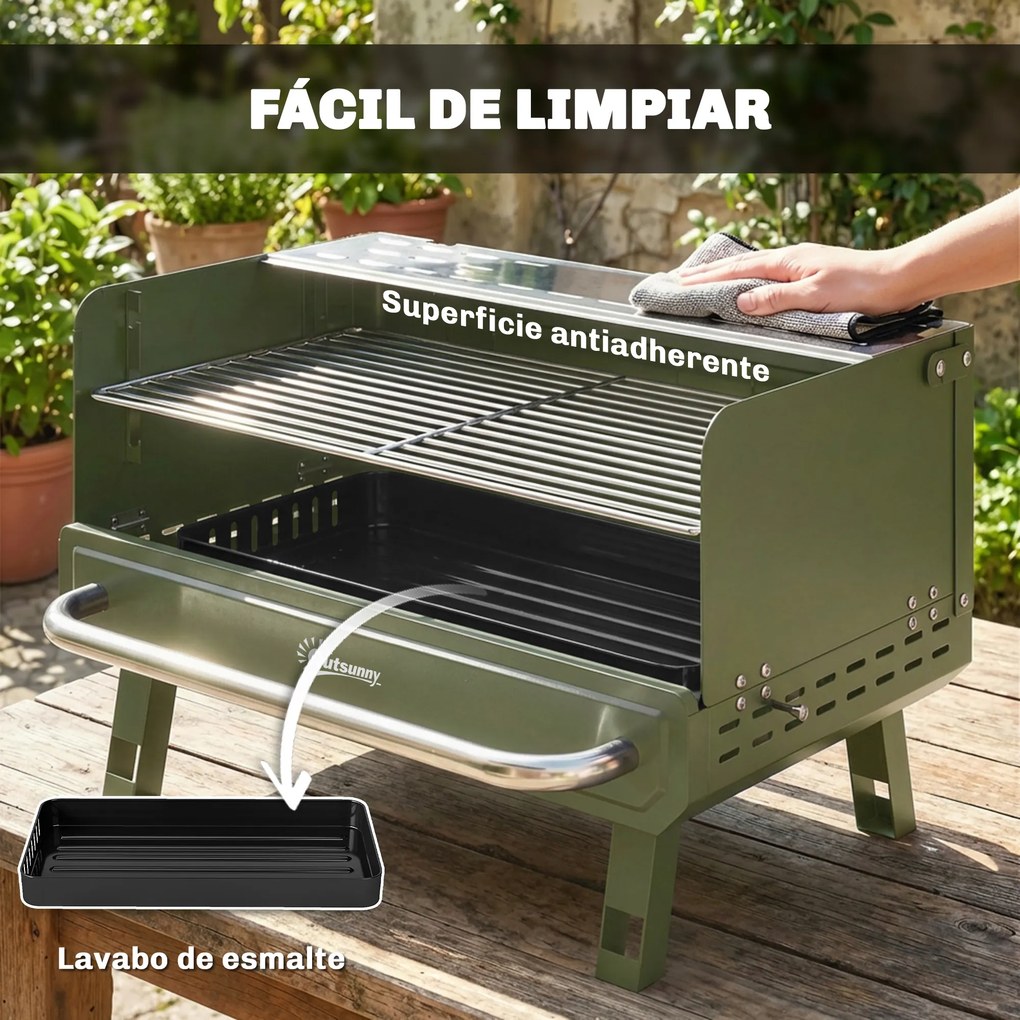 Outsunny Grătar pe Cărbune Pliabil 52x37x31,8 cm cu Grilă Reglabilă Raft Lateral Pliabil și Tavă Detașabilă Verde | Aosom Romania