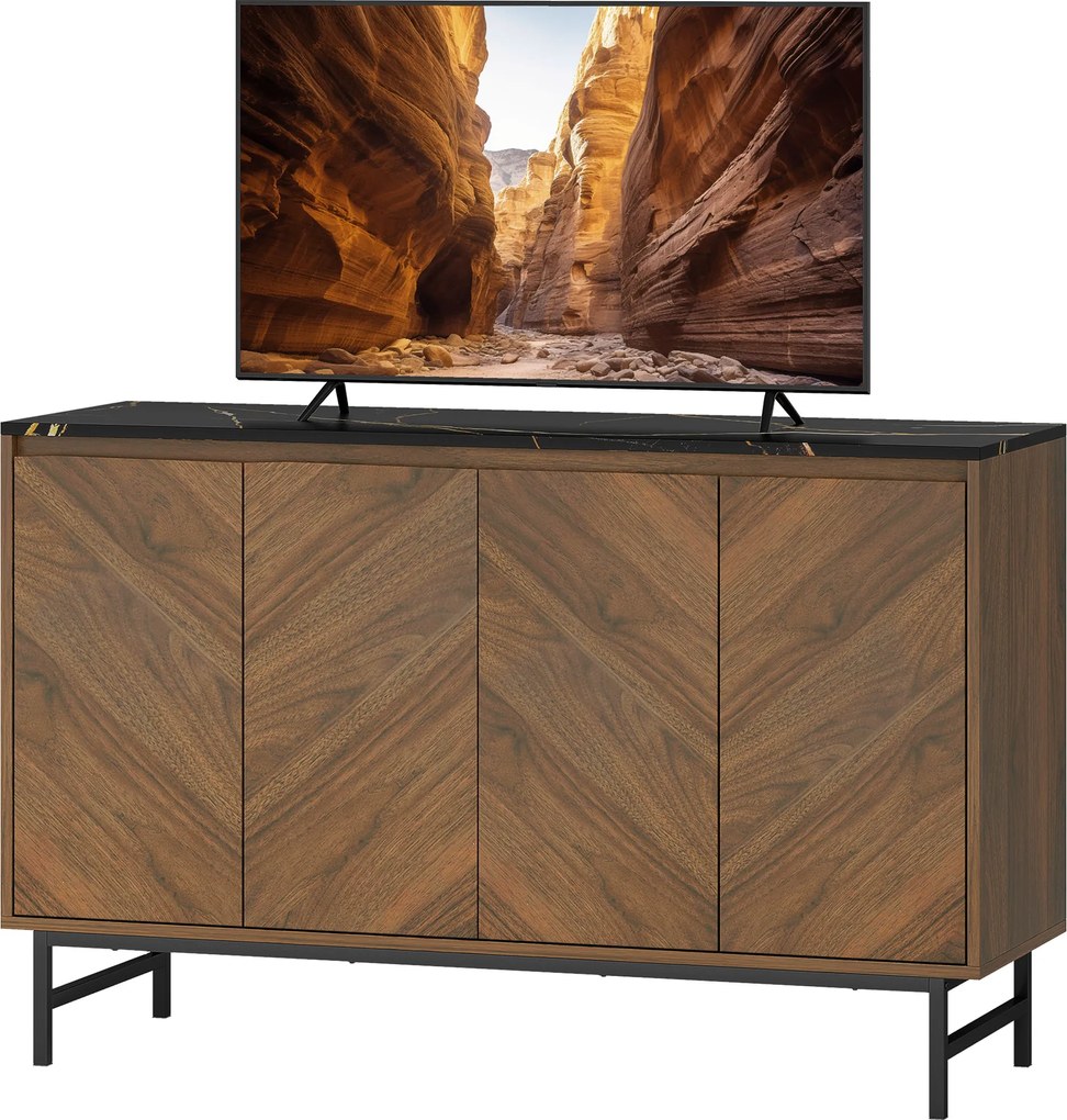 HOMCOM Mobilier TV, mobilier pentru televizor cu 4 uși, blat cu efect marmorat, rafturi reglabile, 120x39x76cm, nuc | Aosom Romania