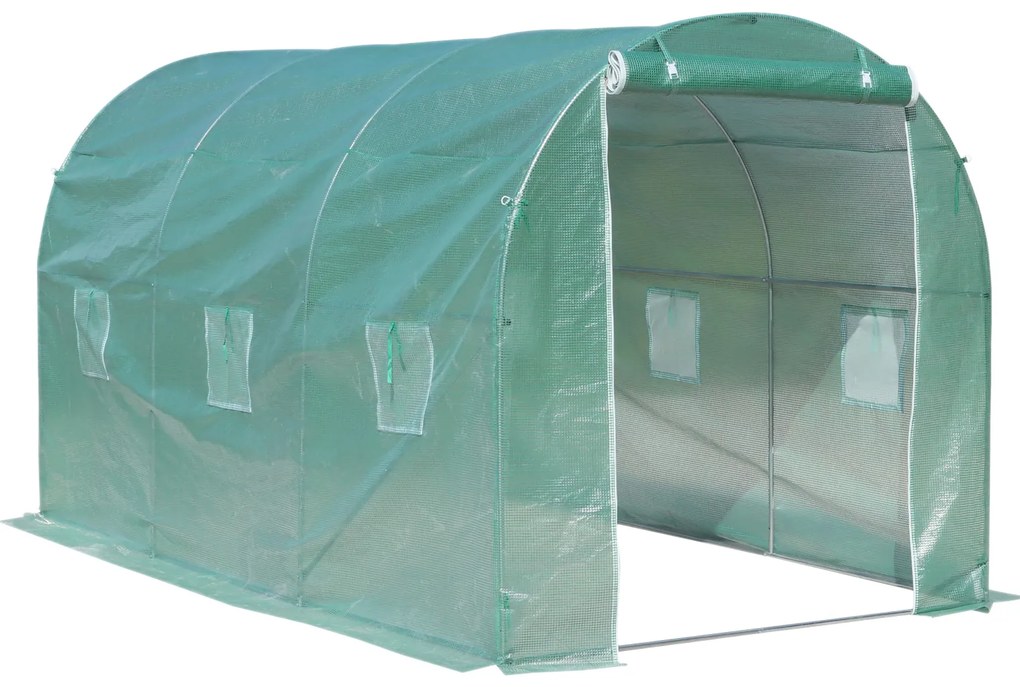 Outsunny Serra a Tunnel da Giardino Struttura in Acciaio con 6 Finestre e Porta Avvolgibili, 400x200x210cm verde 400x200x210cm