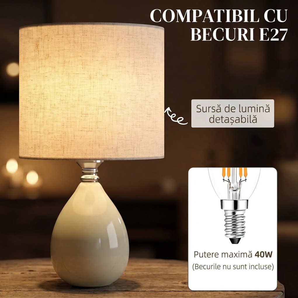 HOMCOM Lampă de masă din ceramică, cu abajur textil aspect in, E27, întrerupător basculant, pentru dormitor, crem | Aosom Romania