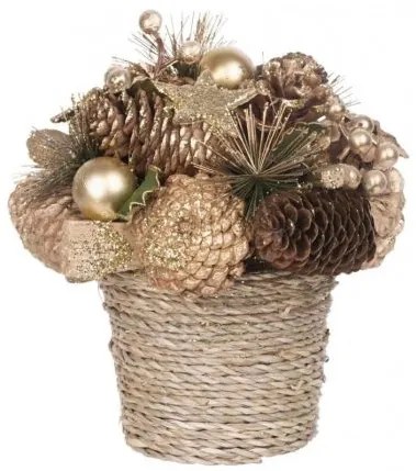 Decoratiune Craciun, cos cu conuri si globuri, auriu, 19x19 cm