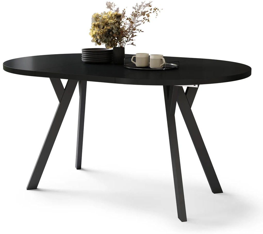Mazzoni ALMO Negru/picioare negre - MASĂ ROTUNDĂ EXTENSIBILĂ CU PICIOARE ÎN FORMĂ DE Y STIL LOFT PENTRU SALON/SUFRAGERIE