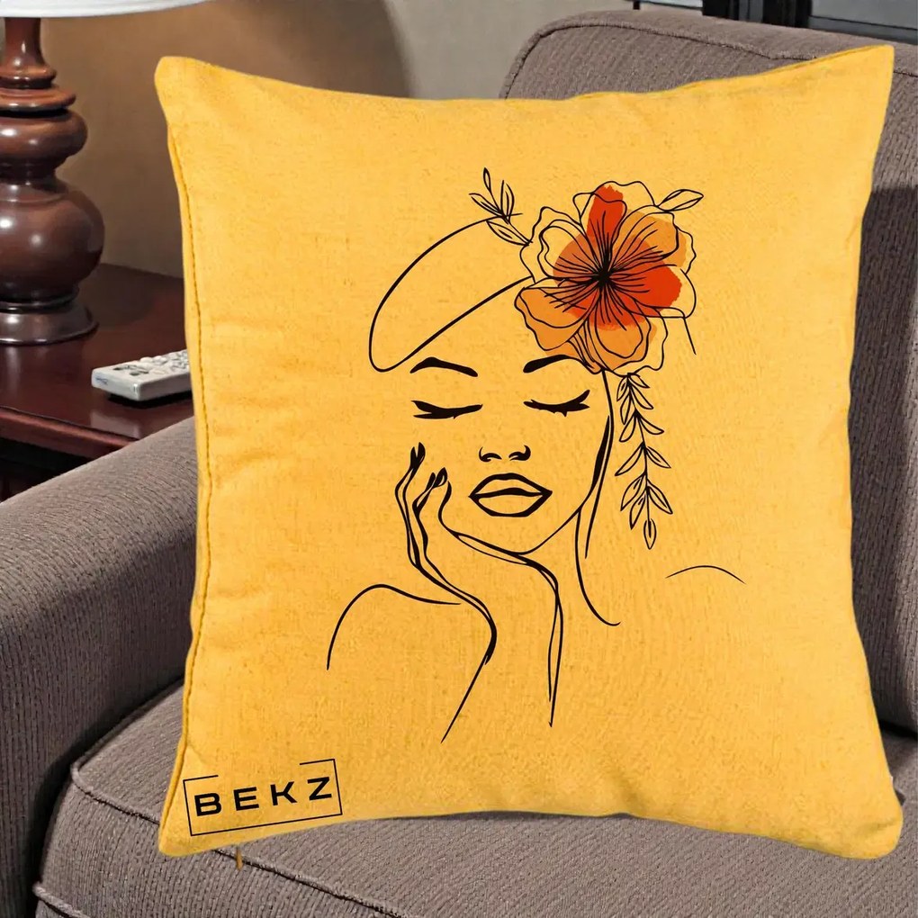 Perna Decorativa Portret Feminin Flori Palarie, 40x40 cm, Galben, Husa Detasabila, Perna Inclusa, BEKZ®