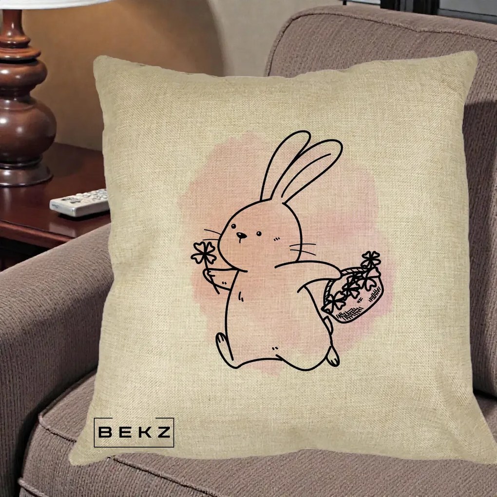 Perna Decorativa Iepuras Kawaii cu Cosulet Floral, 40x40 cm, Crem, Husa Detasabila, Perna Inclusa, BEKZ®