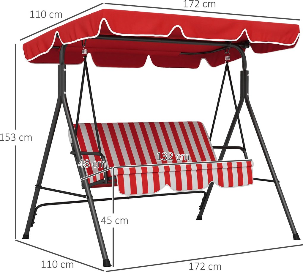 Outsunny Balansoar de Grădină 3 Locuri Acoperiș cu Înclinare Reglabilă Perne Șezut și Spătar Oțel Negru Poliester Roșu | Aosom Romania