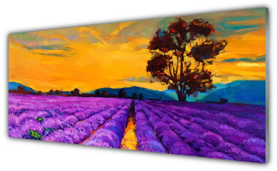Tablou pe sticla Câmp Peisaj Violet Galben Maro