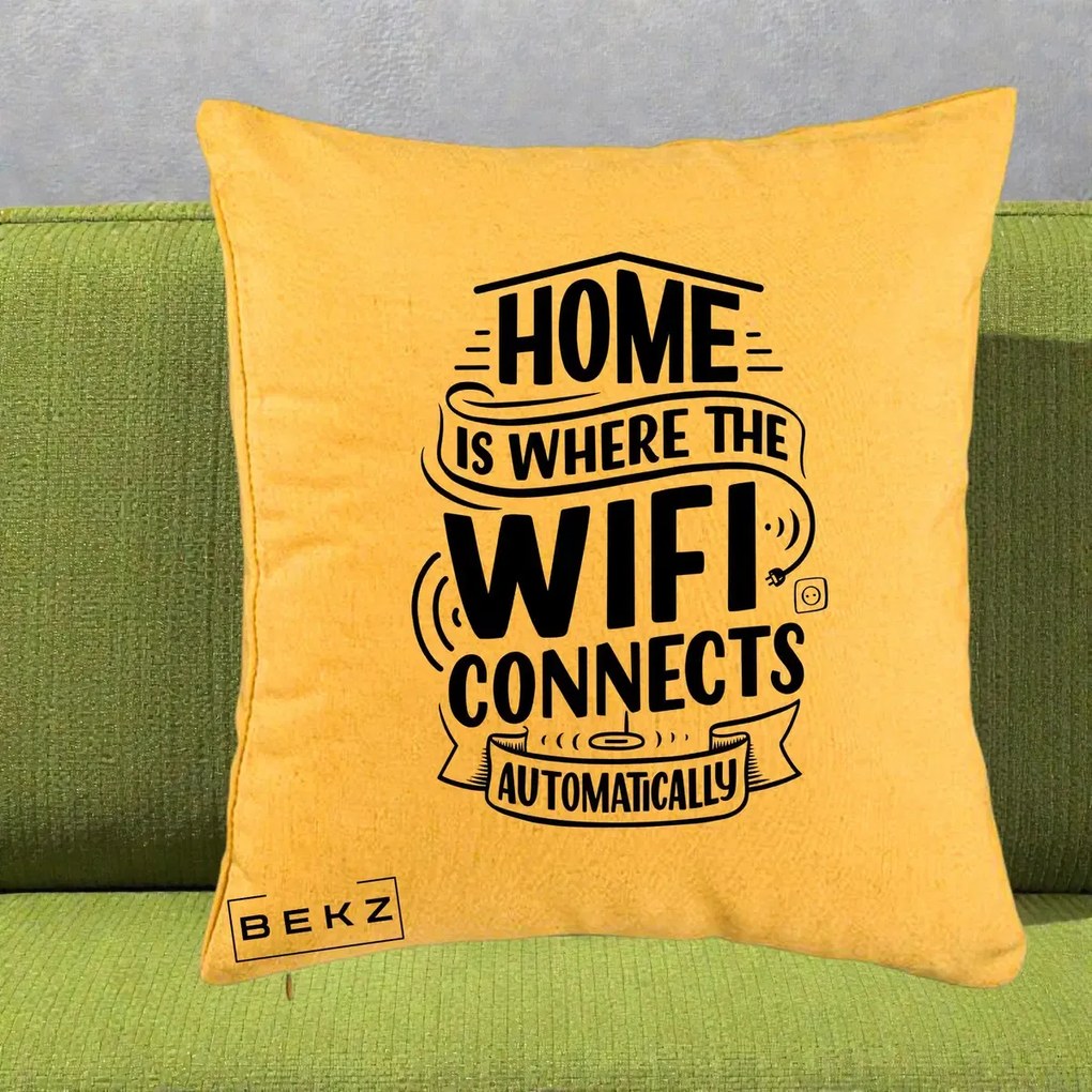 Perna Decorativa Home Is Where WiFi Connects, 40x40 cm, Galben, Husa Detasabila, Perna Inclusa, BEKZ®