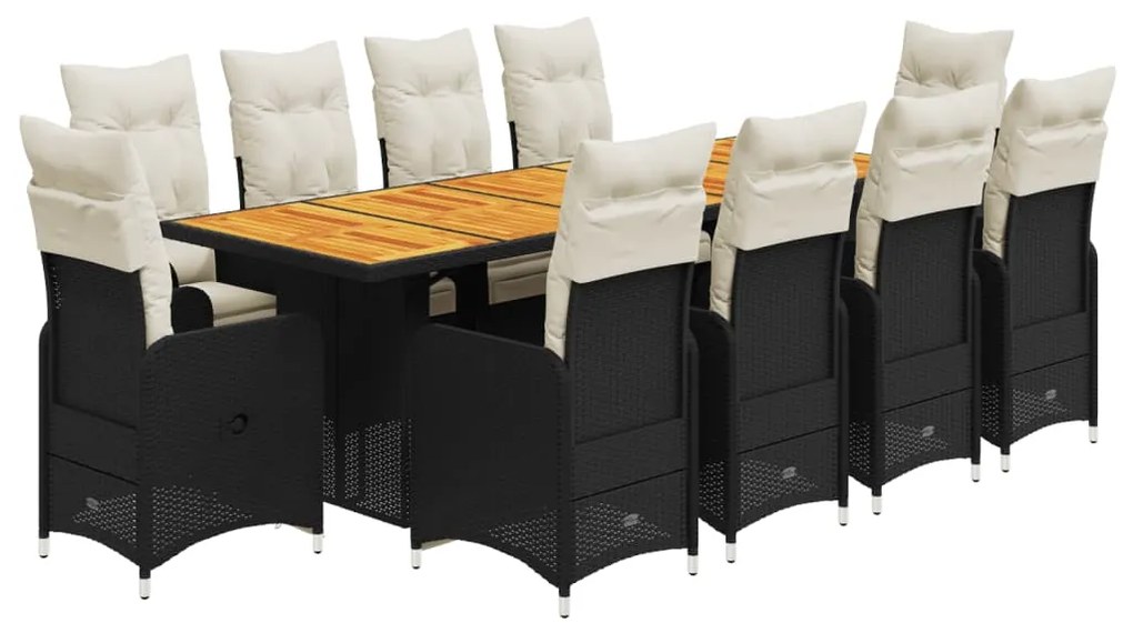 3277290 vidaXL Set bistro de grădină, 11 piese, cu perne, negru, poliratan