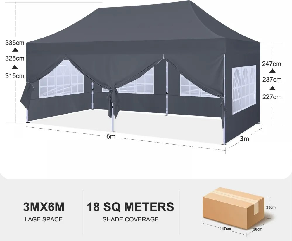 ABCCANOPY – Cort pavilion pliabil 6x3 m, înălțime reglabilă 3 trepte, pereți cu ferestre transparente, impermeabil, Gri