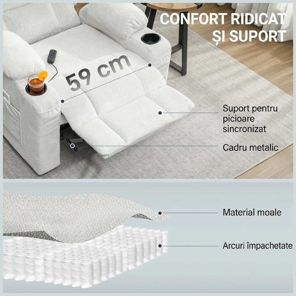 HOMCOM Fotoliu Relax Electric Reclinabil 150° cu Suport pentru Picioare, Funcție Memorie, Telecomandă, din Catifea, Crem | Aosom Romania