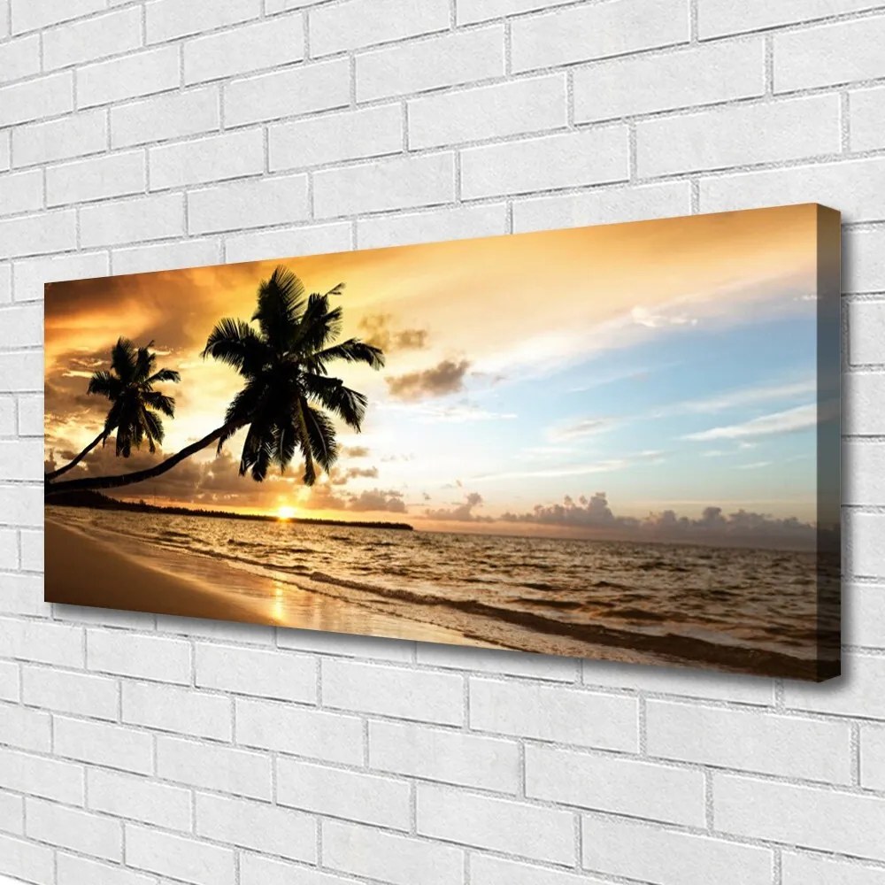 Tablou pe panza canvas Palm Trees Sea Beach Peisaj Galben Negru Albastru