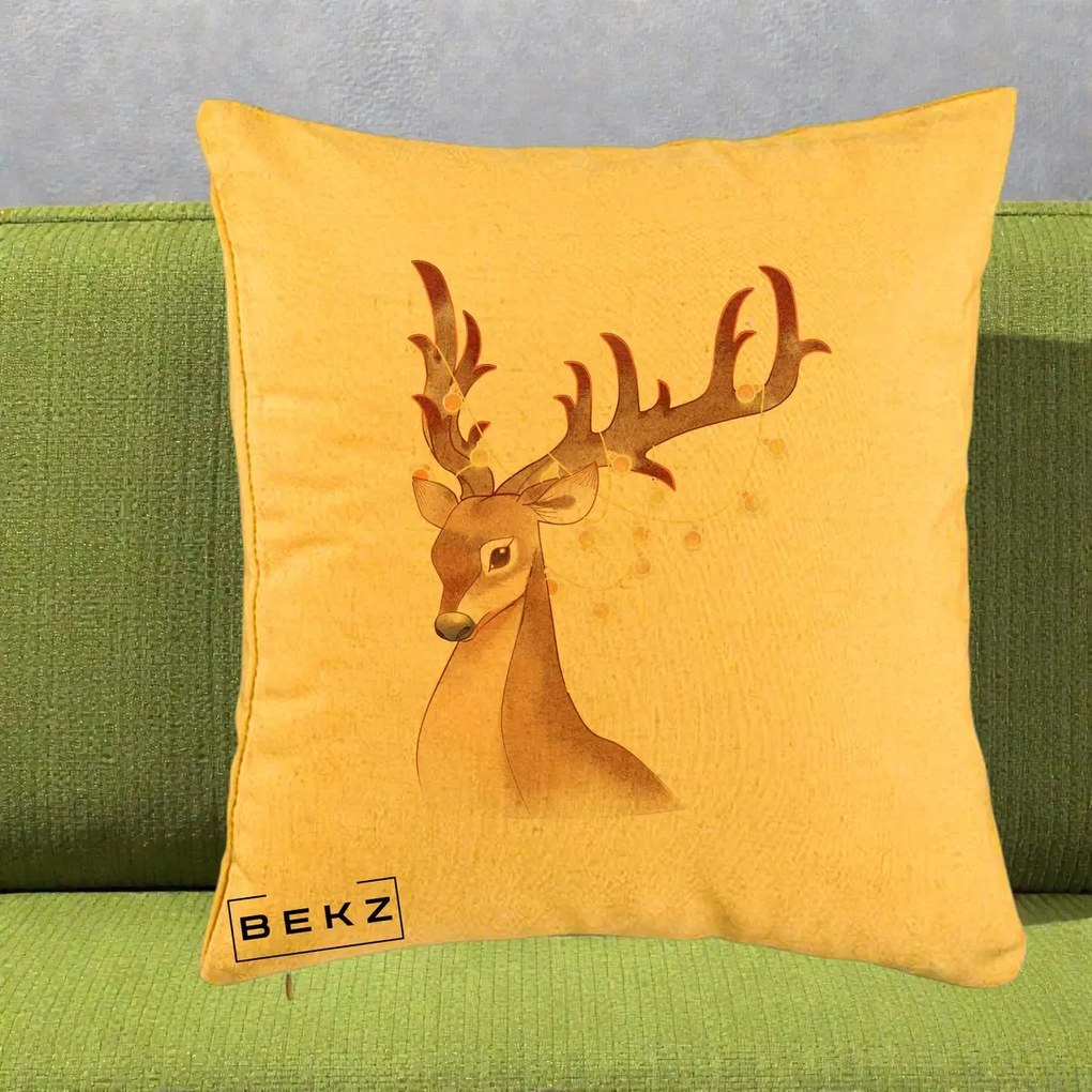 Perna Decorativa Ren cu Luminite de Craciun, 40x40 cm, Galben, Husa Detasabila, Perna Inclusa, BEKZ®